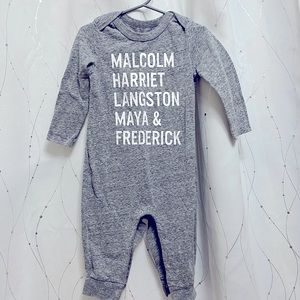 EUC Well Worn Black historical figures long-sleeve romper, grey stone wash